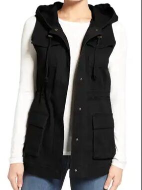 Matty M Women's Medium Sleeveless Jacket Vest Black Hooded Military Inspired